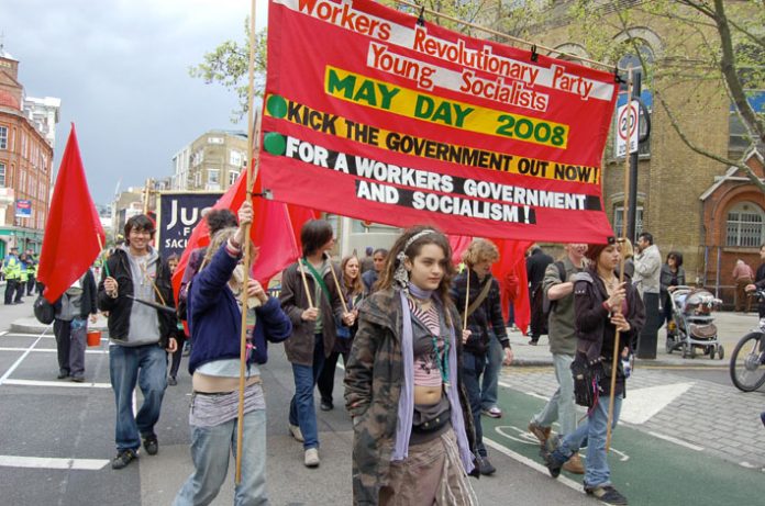 Workers Revolutionary Party and Young Socialists marching on May Day to kick out the Brown government and go forward to socialism