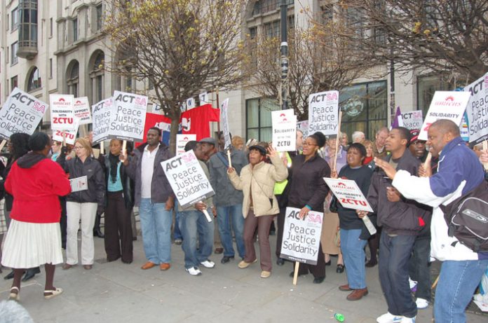 Picket of the Zimbabwe embassy on London last April in support of the Zimbabwe Congress of Trade Unions