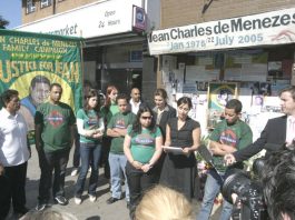 Vigil by family and friends of Jean Charles de Menezes outside Stockwell Tube station on July 22nd, the third anniversary of his shooting
