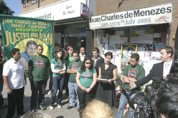Vigil by family and friends of Jean Charles de Menezes outside Stockwell Tube station on July 22nd, the third anniversary of his shooting