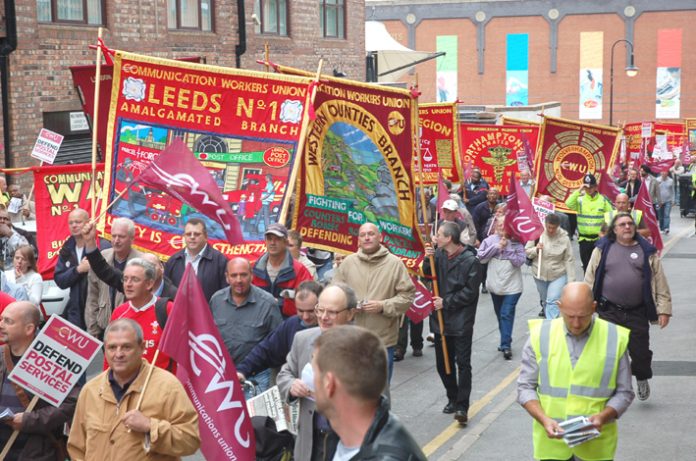 Postal workers from across the country marched on the Labour Party Conference on Monday against the Brown government’s decimation of postal services, their jobs and pensions