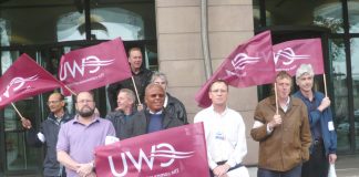 Striking Romec workers in Westminster yesterday