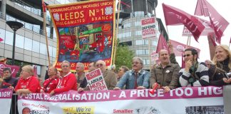 A section of the CWU members lobbying the Labour Party Conference in Manchester on Monday determined to defend their jobs and pensions