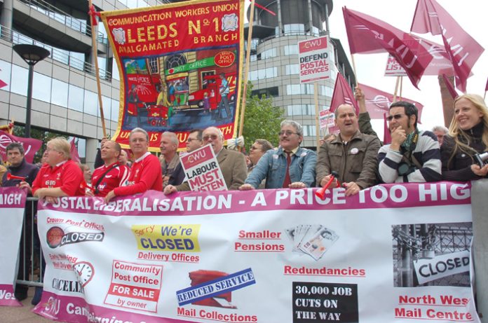 A section of the CWU members lobbying the Labour Party Conference in Manchester on Monday determined to defend their jobs and pensions
