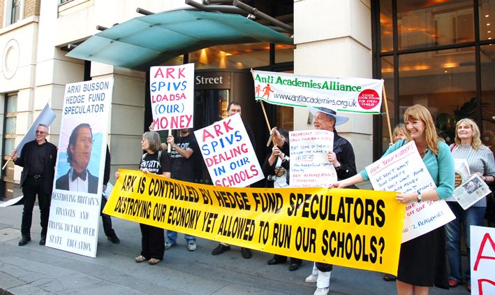 Anti-academy protestors demonstrating outside the headquarters of ARK yesterday