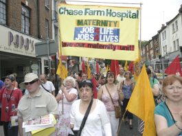 Maternity ward workers on the North East London Council of Action demonstration in Enfield on July 26th demanding that Chase Farm Hospital be kept open