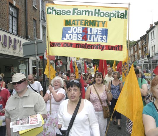 Maternity ward workers on the North East London Council of Action demonstration in Enfield on July 26th demanding that Chase Farm Hospital be kept open