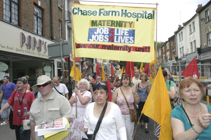 Maternity ward workers on the North East London Council of Action demonstration in Enfield on July 26th demanding that Chase Farm Hospital be kept open