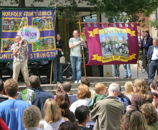 Rally in Norwich during the national local government strike over pay on July 16