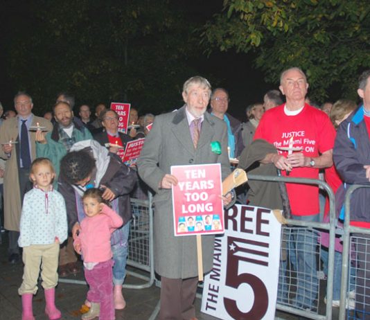 A section of the 500-strong rally outside the US embassy in London on Tuesday night demanding the release of the ‘Miami Five’