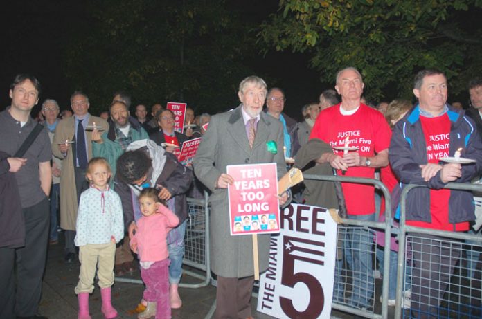 A section of the 500-strong rally outside the US embassy in London on Tuesday night demanding the release of the ‘Miami Five’