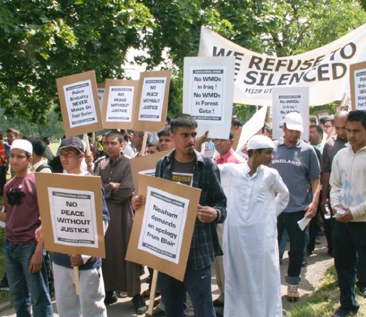 Youth from the Forest Gate community demonstrating in June 2006 following the shooting of a young postal worker by police during an anti-terror raid