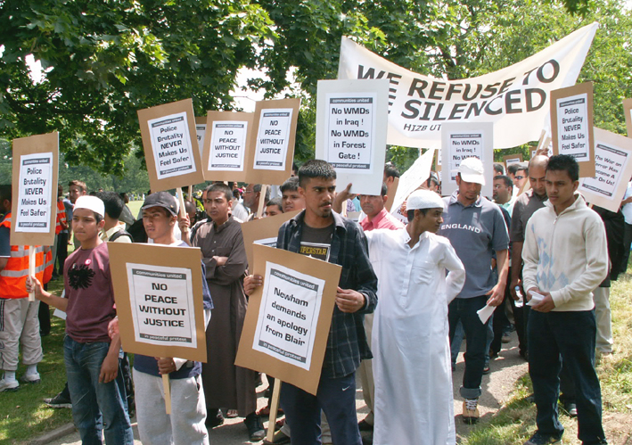 Youth from the Forest Gate community demonstrating in June 2006 following the shooting of a young postal worker by police during an anti-terror raid