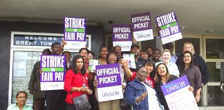 Confident UNISON pickets at Brent Town Hall during the strike over pay on July 16th