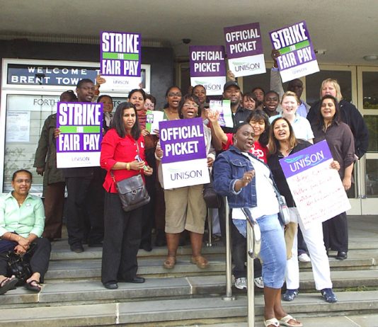 Confident UNISON pickets at Brent Town Hall during the strike over pay on July 16th