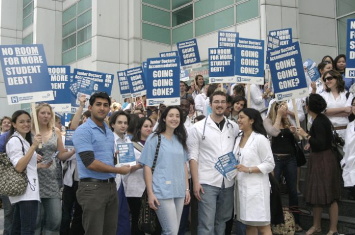 Medical students protest outside University College Hospital  against the introduction of accommodation charges