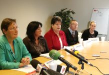 Relatives who lost loved ones at the hands of the British army and Sinn Fein MEP, Bairbre de Brun, and West Belfast Assembly member Jennifer McCann at the press conference