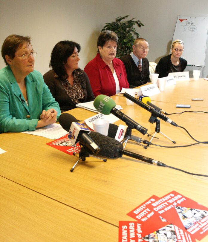 Relatives who lost loved ones at the hands of the British army and Sinn Fein MEP, Bairbre de Brun, and West Belfast Assembly member Jennifer McCann at the press conference