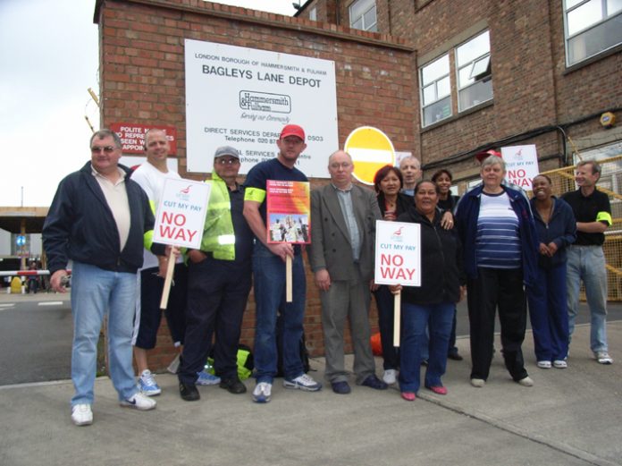 Hammersmith and Fulham council staff picketing outside the Bagleys Lane depot during July’s national pay strike byl local government workers