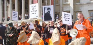 Demonstrators stage a protest in Trafalgar Square demanding the release of Binyam Mohamed from Guantanamo Bay
