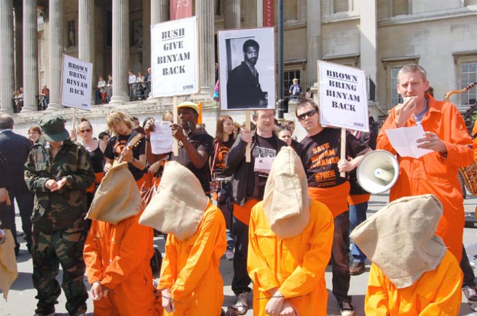 Demonstrators stage a protest in Trafalgar Square demanding the release of Binyam Mohamed from Guantanamo Bay