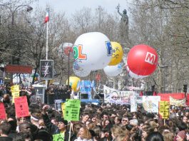 Section of the mass demonstration in Paris during the general strike on April 4 2006