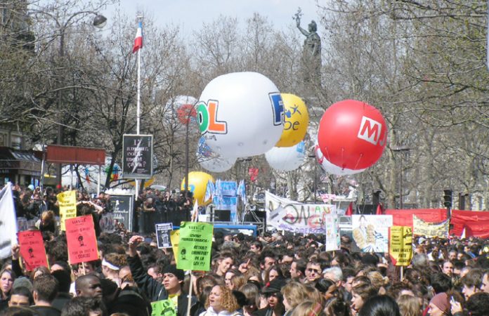 Section of the mass demonstration in Paris during the general strike on April 4 2006