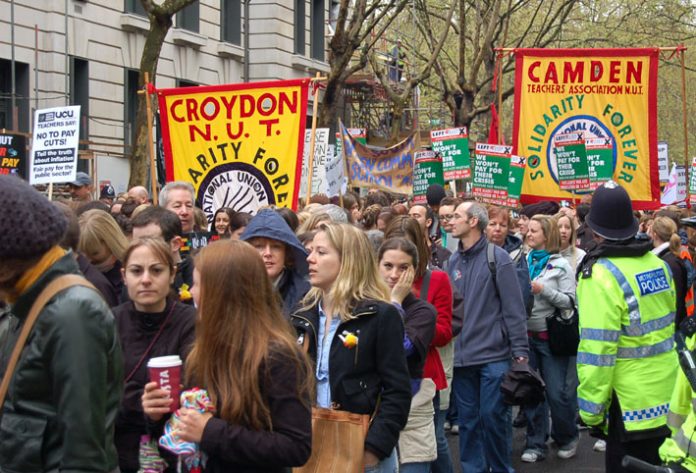 Camden NUT banner on the demonstration in London during the strike over pay on April 24th