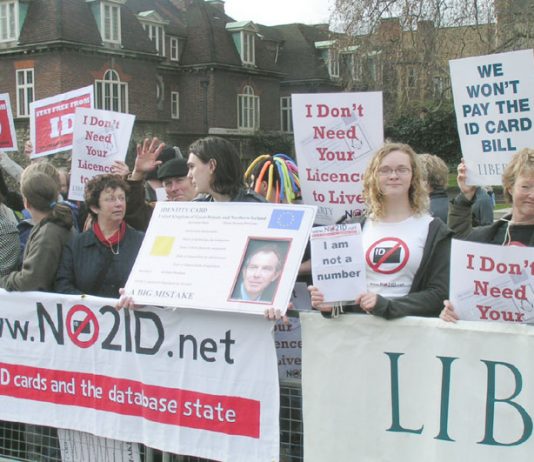 NO2ID protest outside Parliament in February 2006 against the Bill introducing an ID card scheme