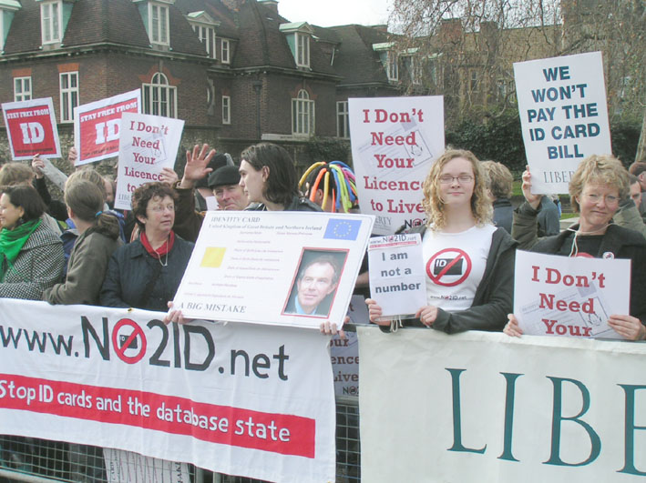NO2ID protest outside Parliament in February 2006 against the Bill introducing an ID card scheme