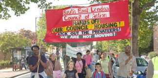The South-East London Council of Action marching to defend council tenants on the threatened Heygate Estate, Elephant and Castle
