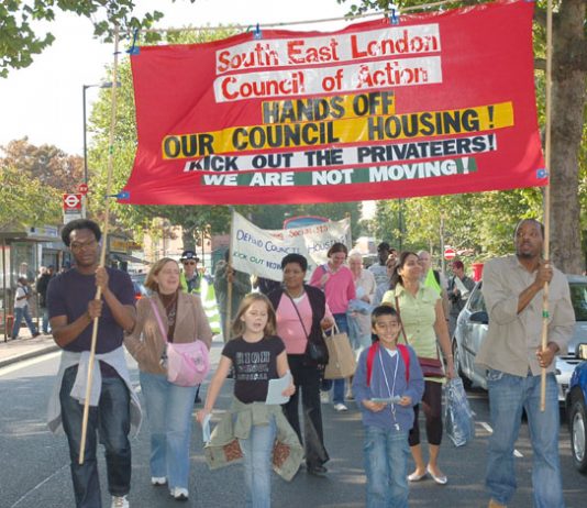 The South-East London Council of Action marching to defend council tenants on the threatened Heygate Estate, Elephant and Castle