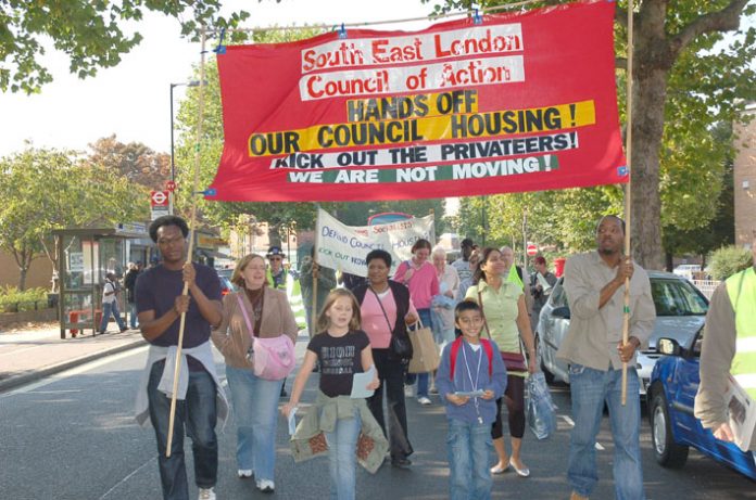 The South-East London Council of Action marching to defend council tenants on the threatened Heygate Estate, Elephant and Castle