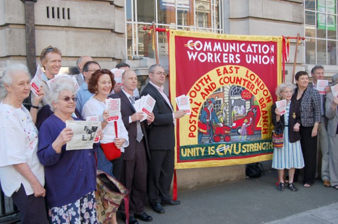 Postal workers and pensioners demonstrate against the closure of Borough Post Office in south east London