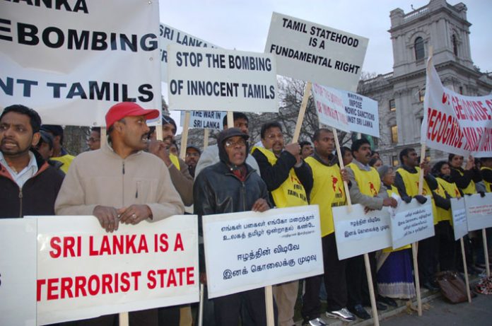 Demonstrators demanded a halt to the bombing of the Tamil areas in northern Sri Lanka by the Sri Lankan air force