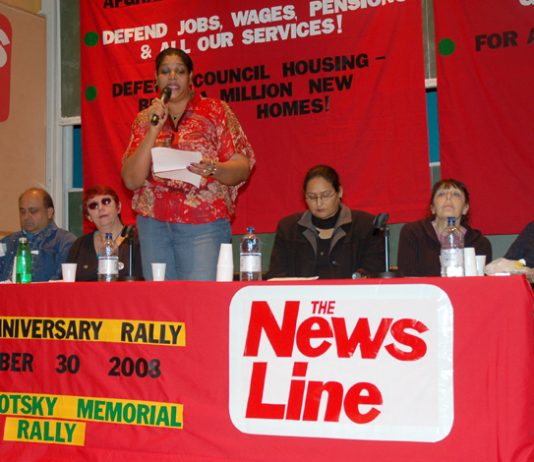 Chagos Islands Community Association chair HENGRIDE PERMAL addressing the News Line Anniversary Rally yesterday
