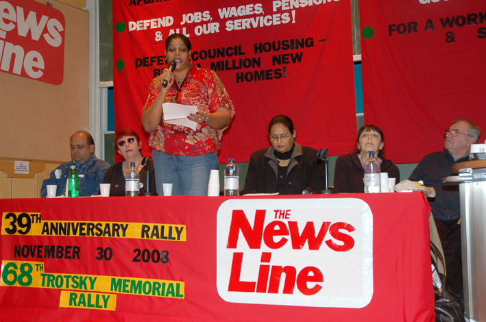 Chagos Islands Community Association chair HENGRIDE PERMAL addressing the News Line Anniversary Rally yesterday
