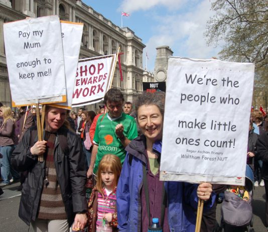 Teachers marching over pay last April – the NUT want to see the ‘costly and unnecessary’  Academy programme abandoned