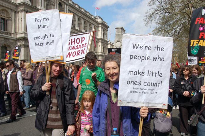 Teachers marching over pay last April – the NUT want to see the ‘costly and unnecessary’  Academy programme abandoned