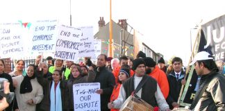 Sacked Gate Gourmet workers rallying in Southall in December 2005 with the support of the local community. They are still fighting for their rights