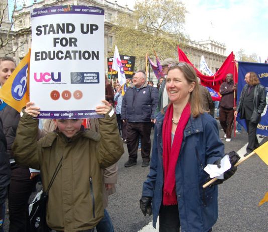 UCU members marching with NUT and PCS members during the strike action over pay on April 24th