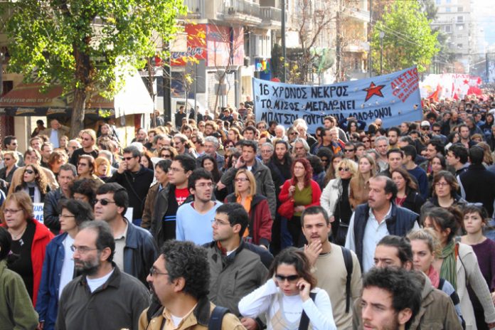 Workers marching through Athens as anger erupted across Greece at the weekend when police shot dead a teenager in the country’s capital