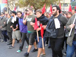 Students on Sunday’s demonstration in Athens. Demonstrations and fighting erupted all over Greece