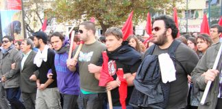 Students on Sunday’s demonstration in Athens. Demonstrations and fighting erupted all over Greece