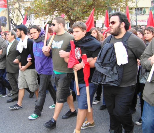 Students on Sunday’s demonstration in Athens. Demonstrations and fighting erupted all over Greece