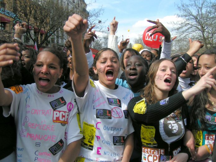 French lycée students marching in Paris during the April 2006 general strike