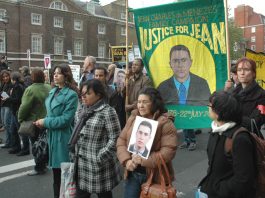 Maria Otone de Menezes, the mother of Jean Charles, holds a photograph of her son during October’s march to Downing Street by those whose loved ones have died at the hands of the state, organised by the United Families and Friends Campaign