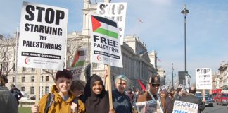Demonstrators in London’s Parliament Square last March demand an end to the Israeli siege of Gaza