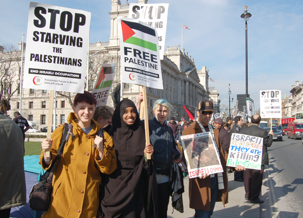 Demonstrators in London’s Parliament Square last March demand an end to the Israeli siege of Gaza