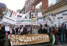 Thousands demonstrated yesterday opposite the entrance to the Israeli Embassy in London against the blitzkrieg on Gaza